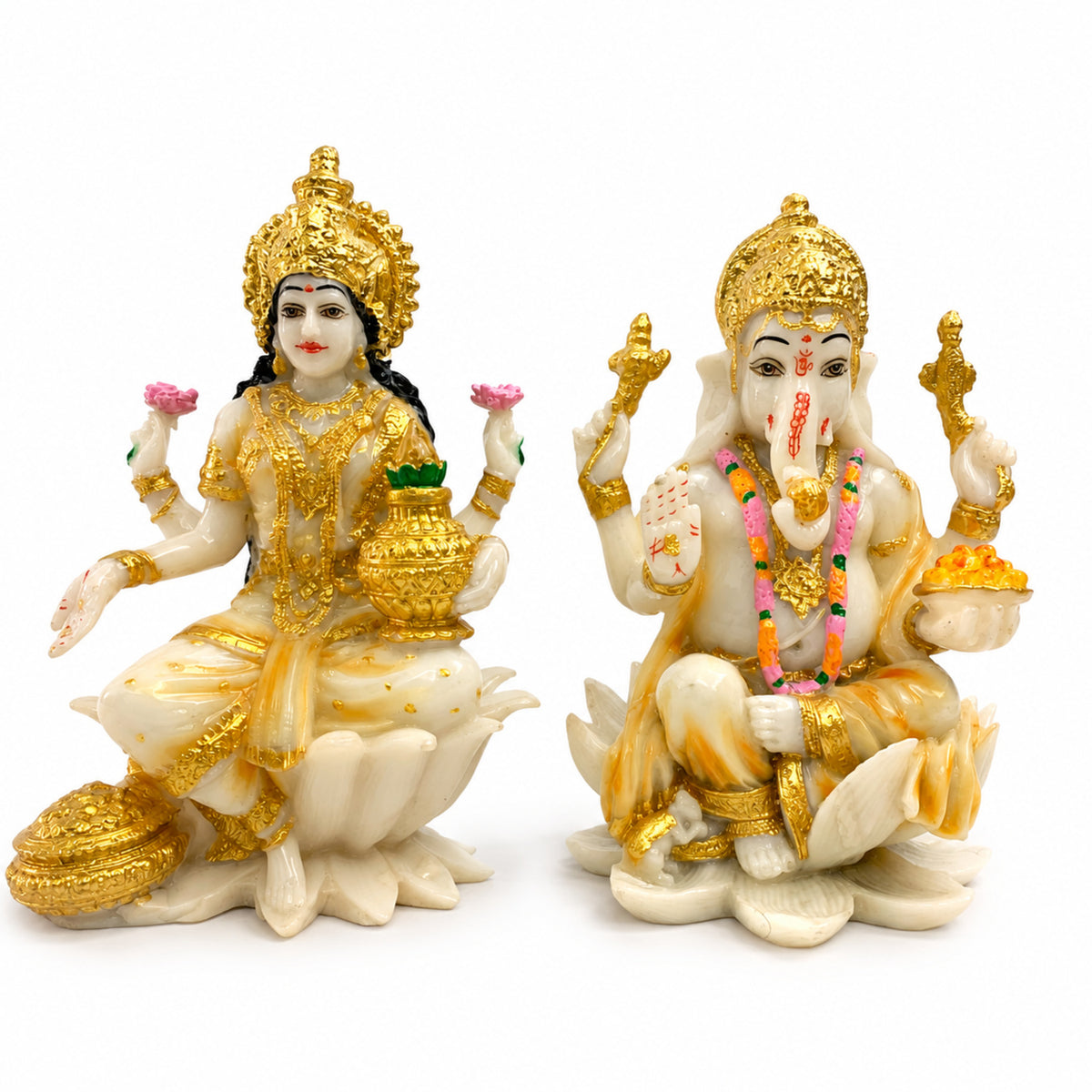 Auspicious Lakshmi Ji & Ganesha Ji Statues Set - Pristine White & Gold