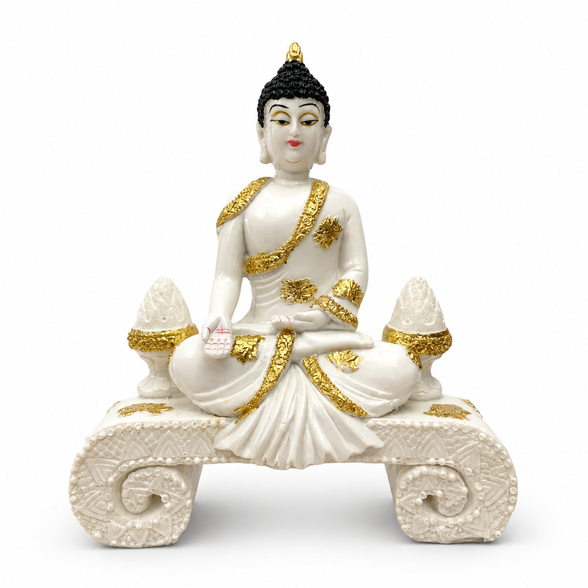 Serene Seated Buddha with Mudra - Pearl White & Gold