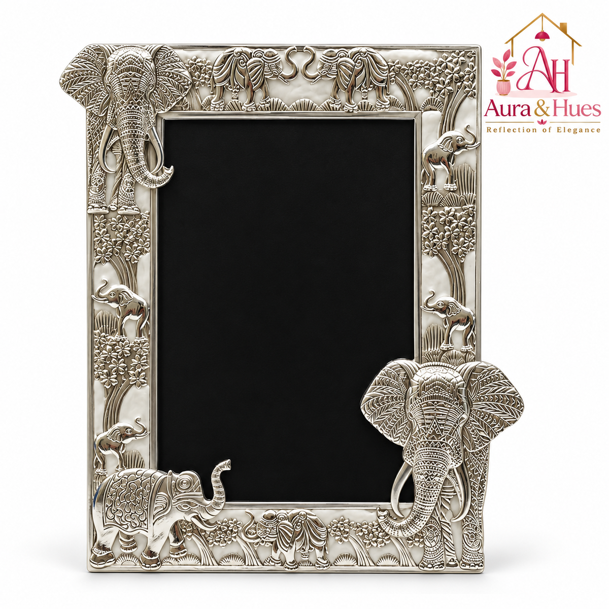 Aura & Hues Traditional Royal Elephant Handcrafted Wooden Photo Frame and Tabletop Desktop Art Decor - Pristine White Finish (17.7 x 22.8 cm)