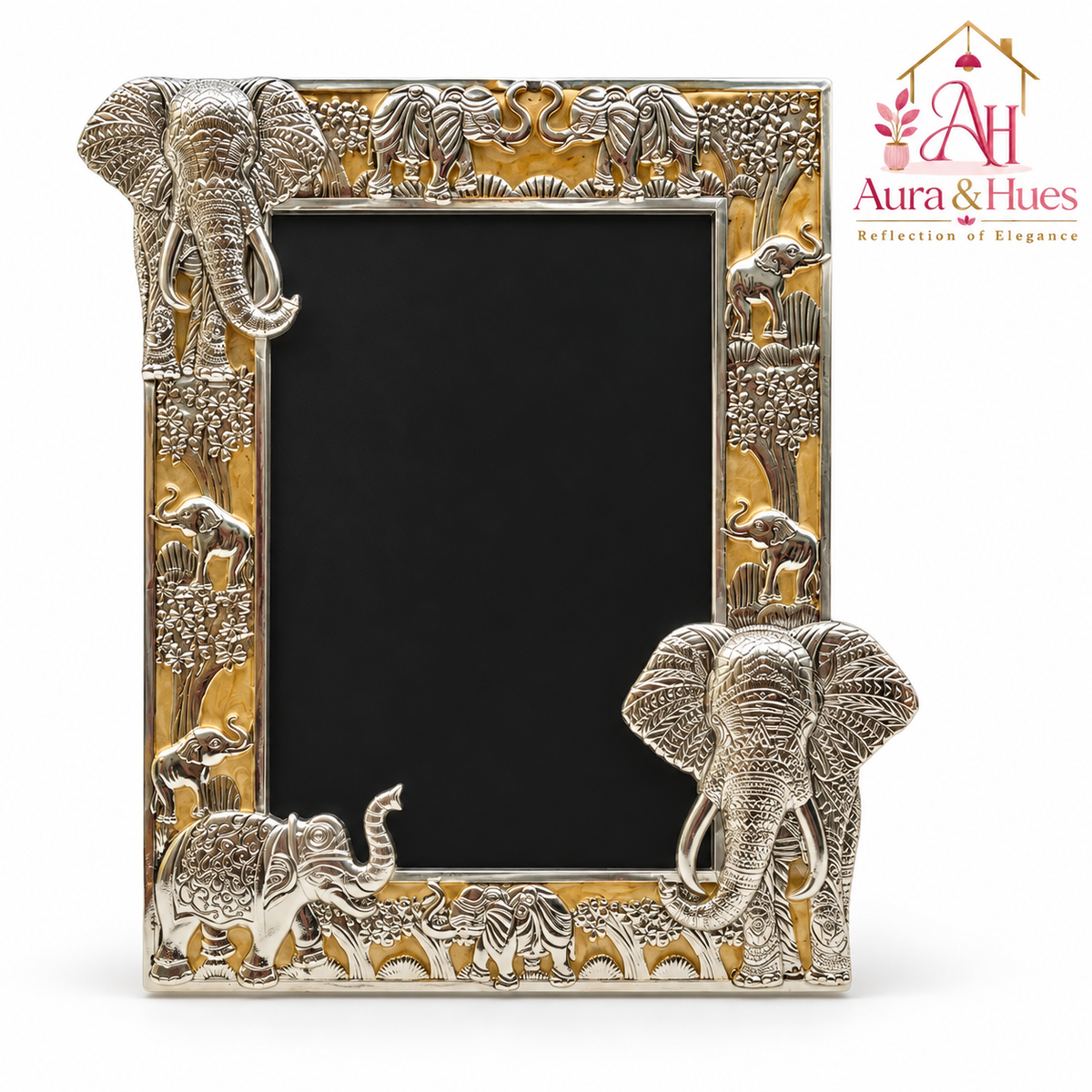 Aura & Hues Traditional Royal Elephant Handcrafted Wooden Photo Frame and Tabletop Desktop Art Decor - Festive Golden Yellow Finish (17.7 x 22.8 cm)