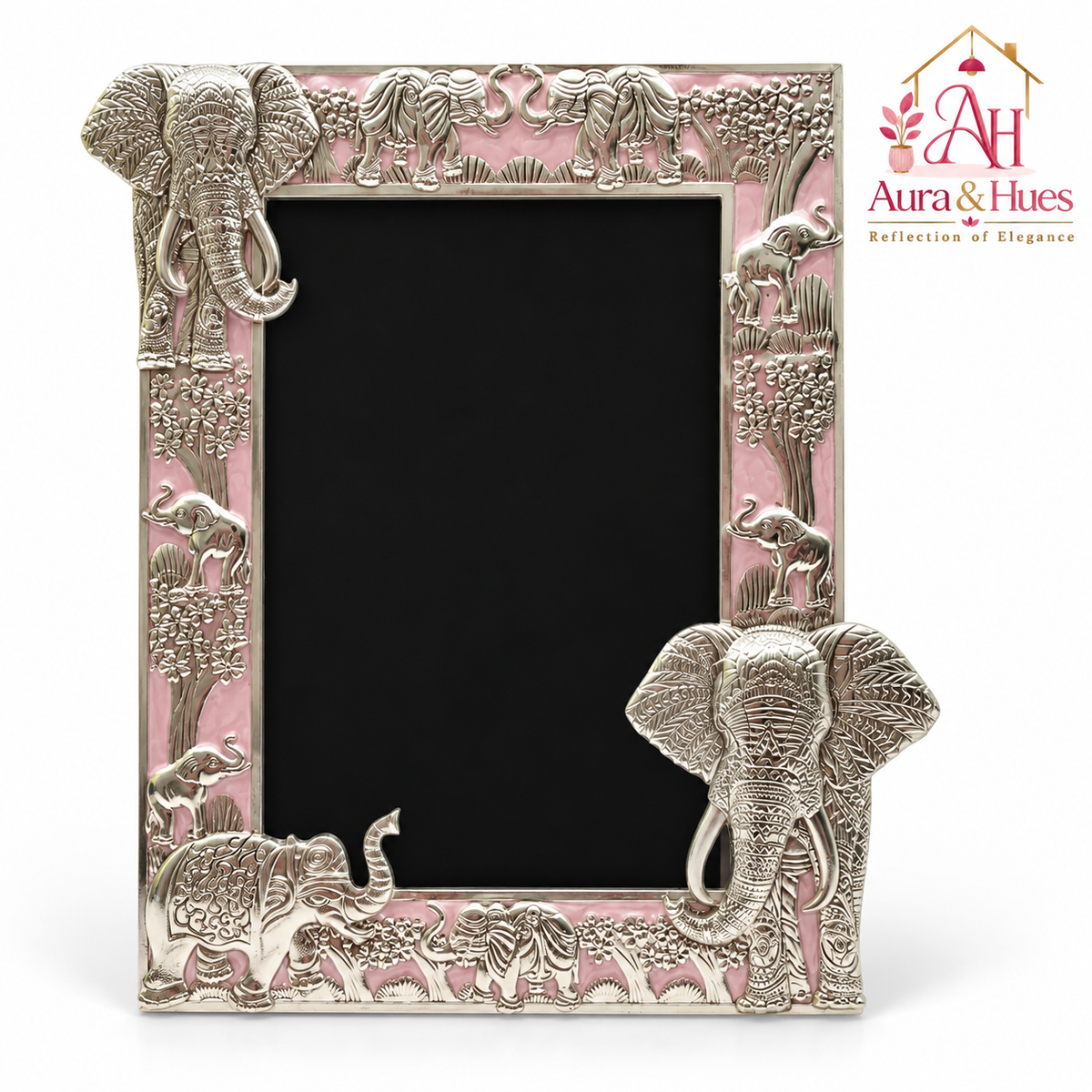 Aura & Hues Traditional Royal Elephant Handcrafted Wooden Photo Frame and Tabletop Desktop Art Decor - Charming Blush Pink Finish (17.7 x 22.8 cm)