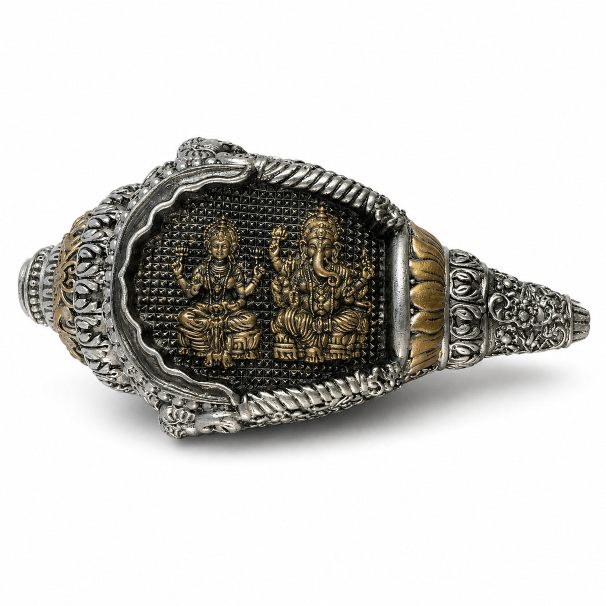 Divine Lakshmi & Ganesha Shankh Duo with Dark Brown Box - Silver & Gold
