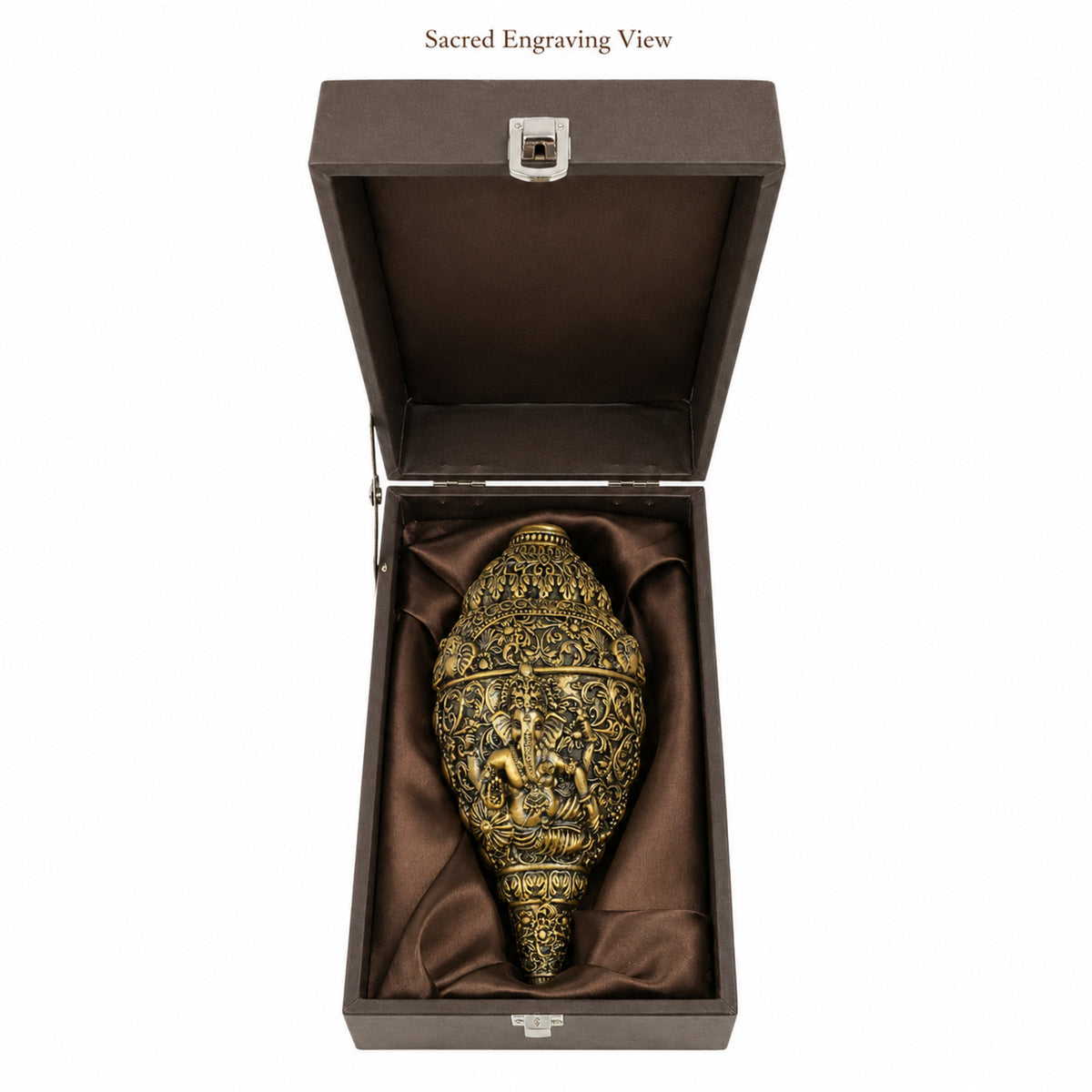 Sacred Divine Ganesha Shankh with Dark Brown Display Box - Antique Gold