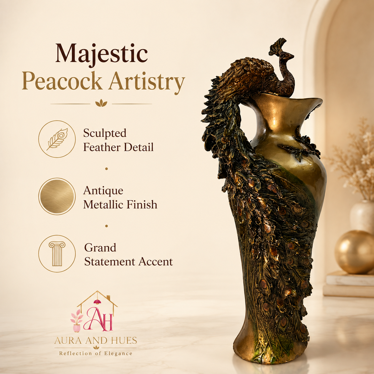 Artisanal Royal Peacock Decorative Flower Vase - Metallic Copper & Dark Brown