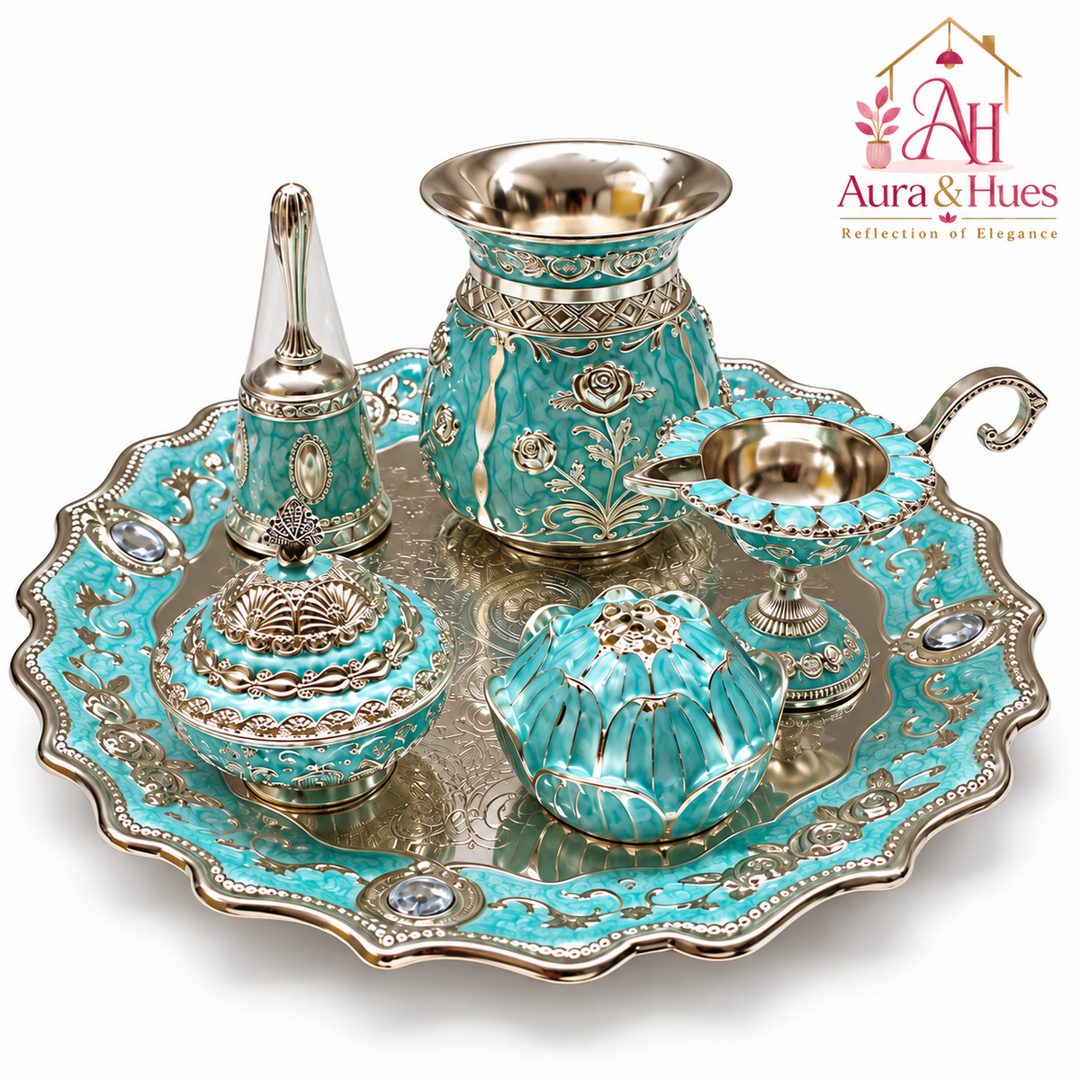 Aura & Hues Premium Royal Decorative Big Pooja Thali Set with 6 Essential Ritual Items - Light Blue Artisan Painted Centerpiece (30 x 30 cm)