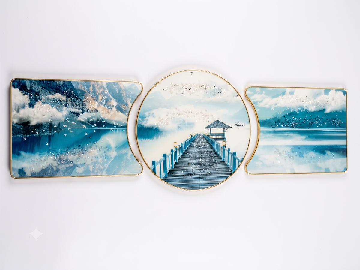 Aura & Hues China Blue & Gold Contemporary Abstract Crystal Wall Art - 46x15 Inches