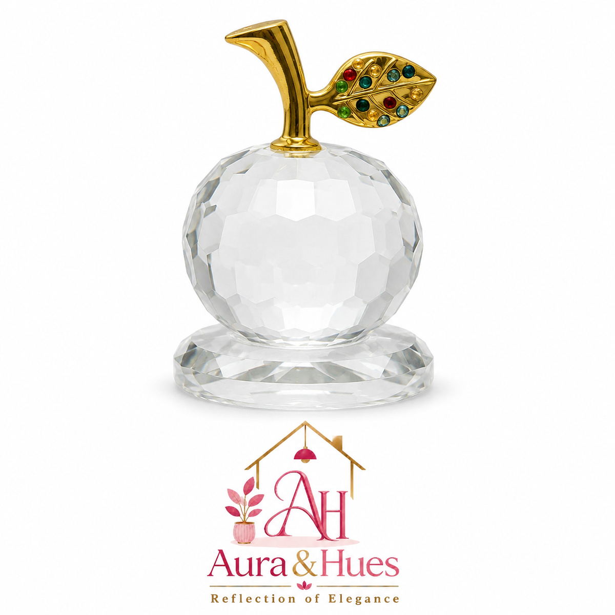 Aura & Hues Golden Leaf Crystal Apple Handcrafted Clear Faceted Glass Figurine with Jewelled Stem for Tabletop Decor and Luxury Gifting