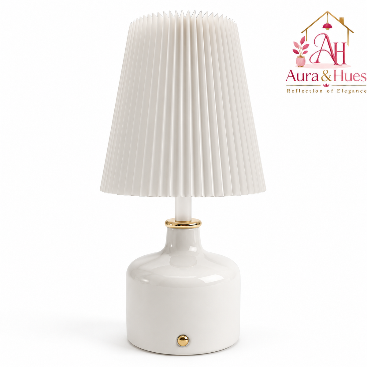 Aura & Hues PearlGlow Pleated Table Lamp Elegant Glossy Pearl White Ceramic Accent Light with Ivory Shade for Bedside & Living Room