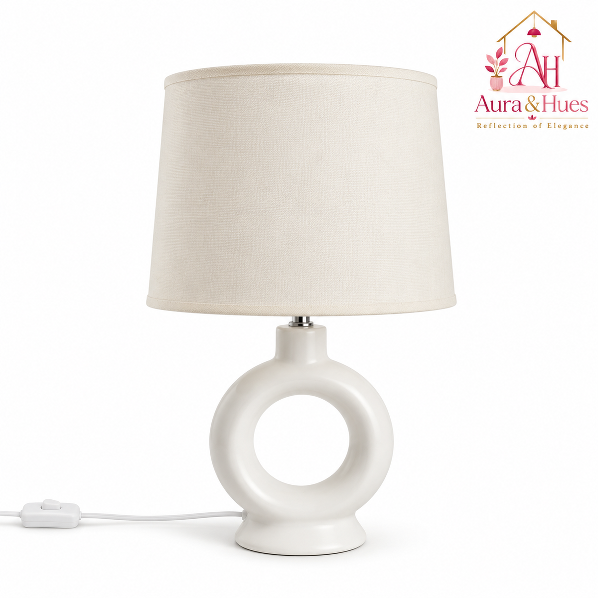 Aura & Hues Elegant Modern White Ceramic Table Lamp with Fabric Drum Shade for Living Room and Bedside Nightstand Decor