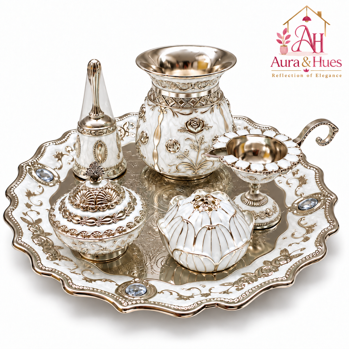 Aura & Hues Premium Royal Decorative Big Pooja Thali Set with 6 Essential Ritual Items - Elegant White Artisan Painted Centerpiece (30 x 30 cm)