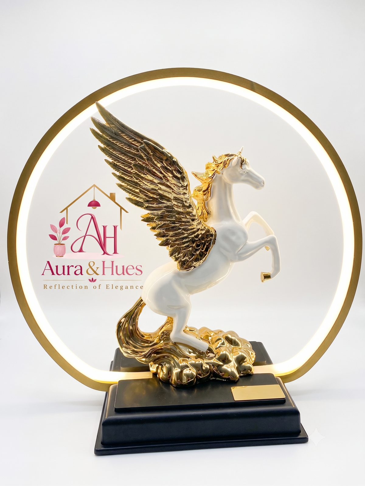 Aura & Hues 14-Inch Feng Shui Galloping Horse Figurine in Gold Frame - Victory & Success Decor