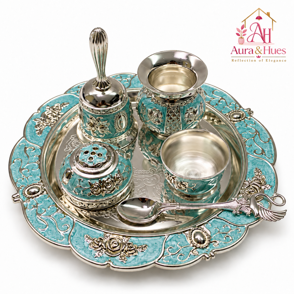 Aura & Hues Handcrafted Small Decorative Pooja Thali Gift Box Set with 5 Festive Accessories - Elegant Light Blue Enamel Finish (20.5 x 20.5 cm)