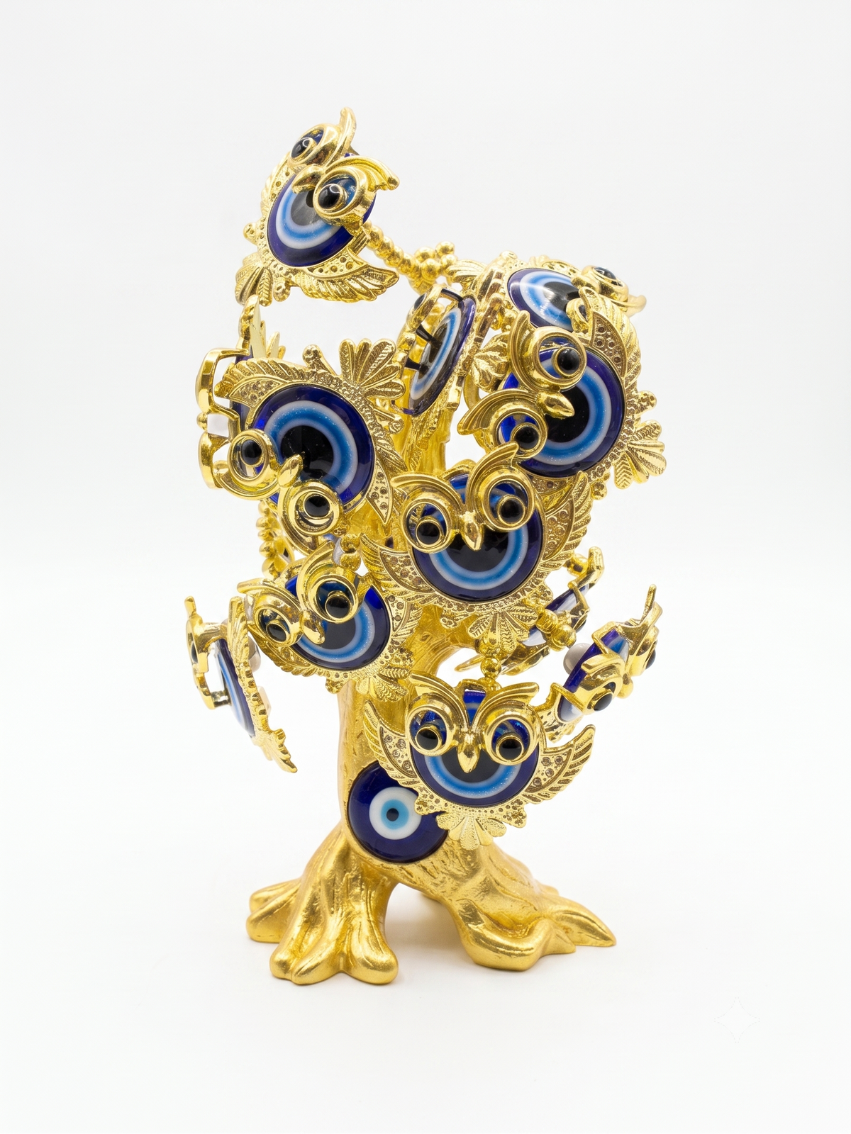 Aura & Hues 12-Inch Feng Shui Evil Eye Tree with Wise Owl Figurine - Blue & Gold Protection Decor