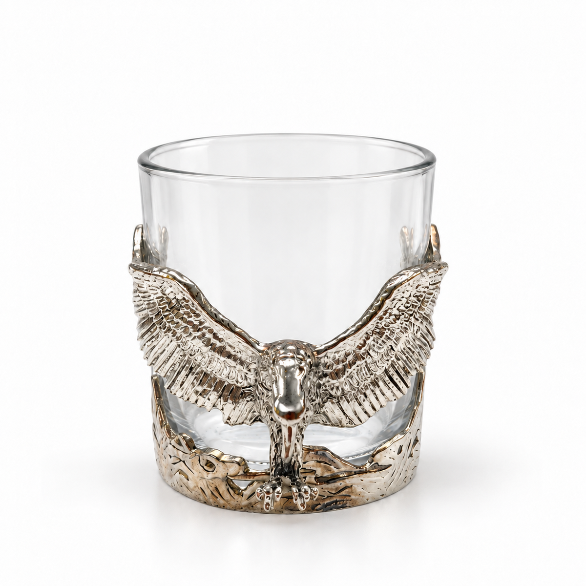 Aura & Hues Feng Shui Majestic Eagle Whiskey Glass 300ml - Silver Embossed Barware