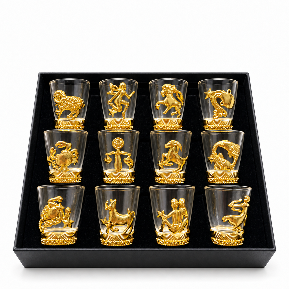 Aura & Hues 12-Piece Zodiac Sign Golden Shot Glass Set with Luxury Gift Box - 40ml