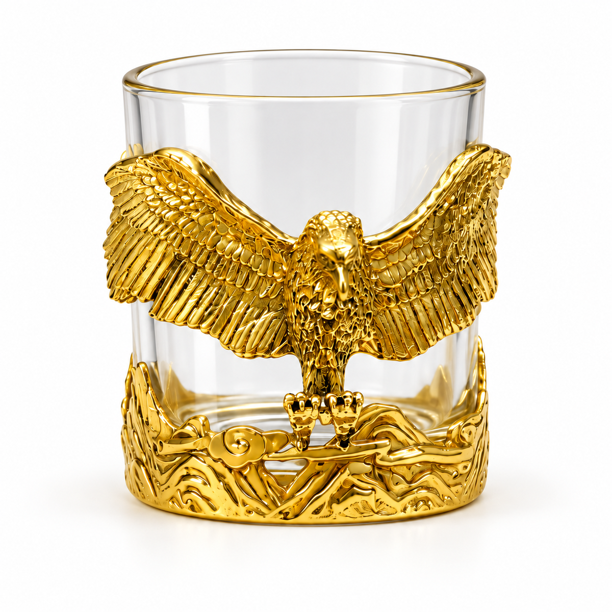 Aura & Hues Feng Shui Majestic Eagle Whiskey Glass 300ml - Gold Embossed Barware