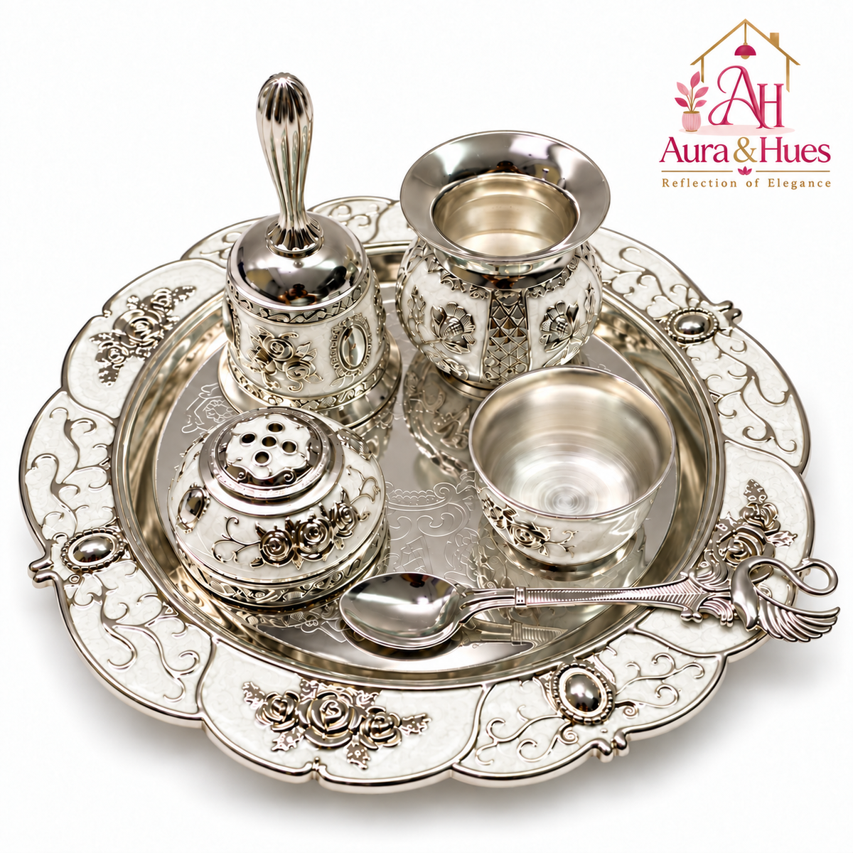 Aura & Hues Handcrafted Small Decorative Pooja Thali Gift Box Set with 5 Festive Accessories - Pristine White Pearl Enamel Finish (20.5 x 20.5 cm)