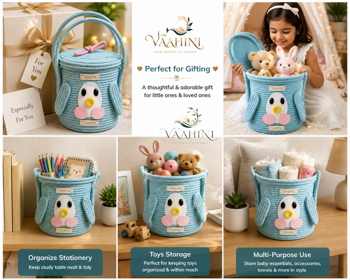 Vaahini Cotton Rope Penguin Aqua Basket - Side View