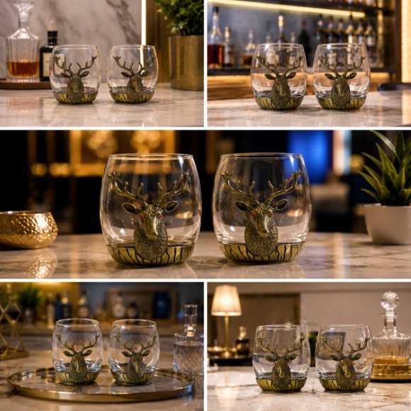 Premium Luxury Whisky Tumbler Glasses with Metal Deer Head & Base Set of 2, Designer Scotch, Bourbon & Cocktail Glasses