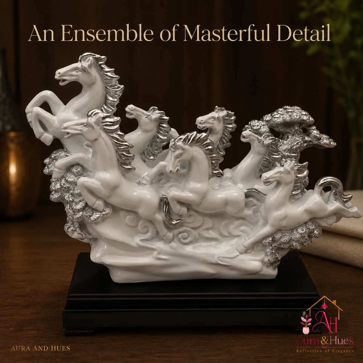 Vastu Regal Rearing Stallion Figurine - White & Black Base