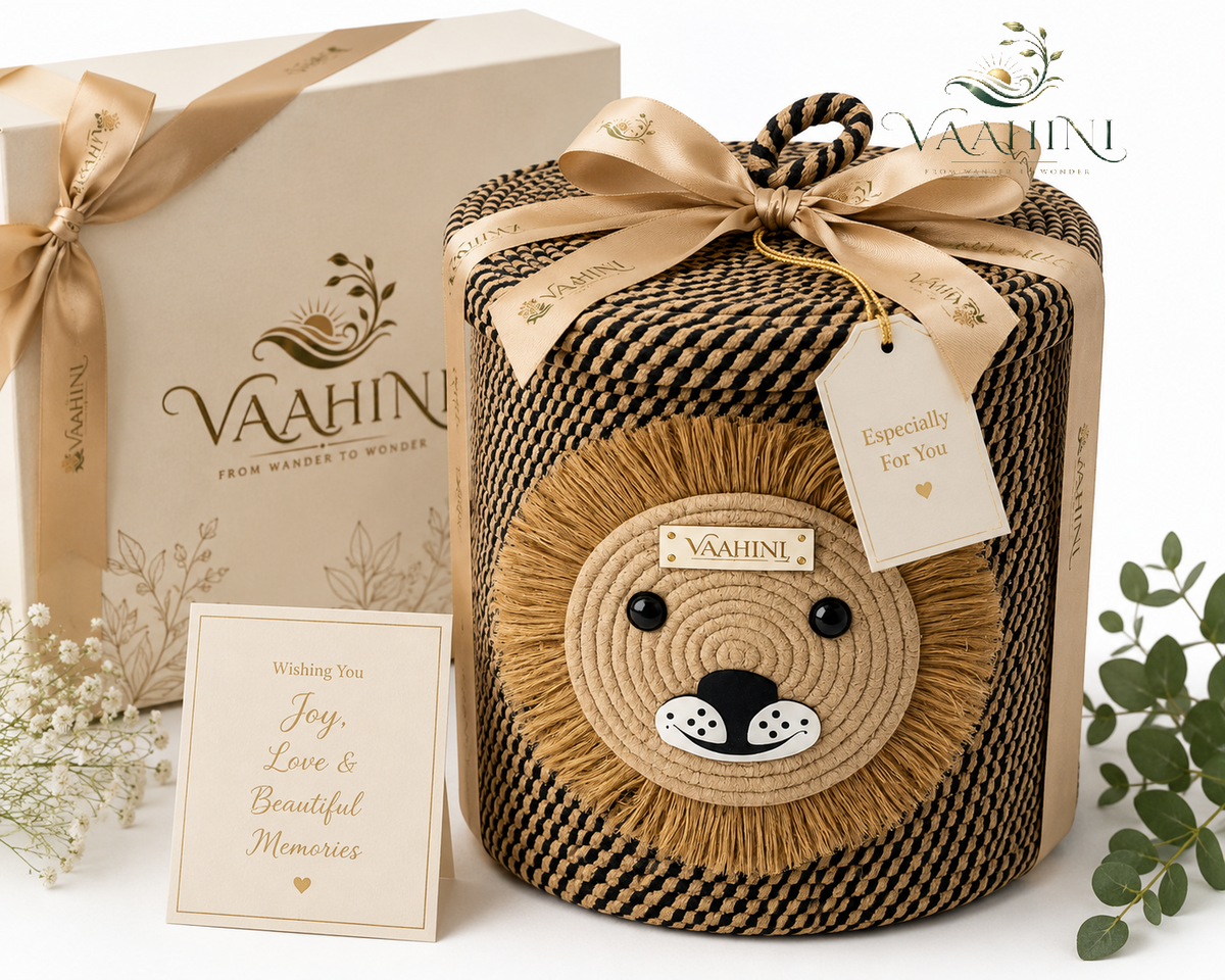 Vaahini Cotton Rope Yellow Lion Face Basket with lid