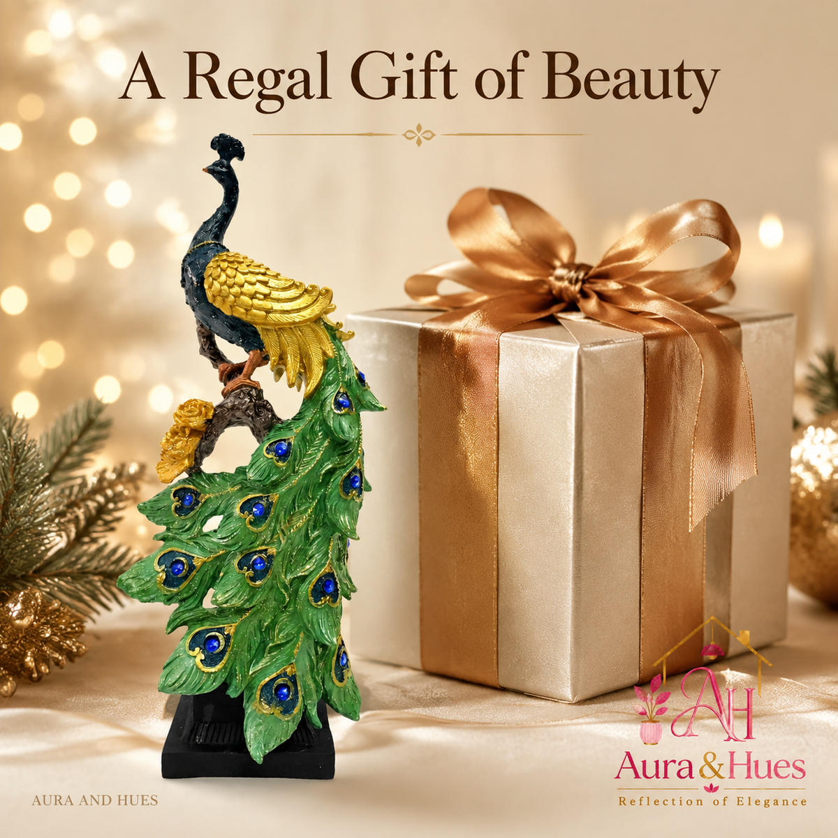 Emerald Peacock cascade Sculpture in Gold & Emerald Green with Black Base