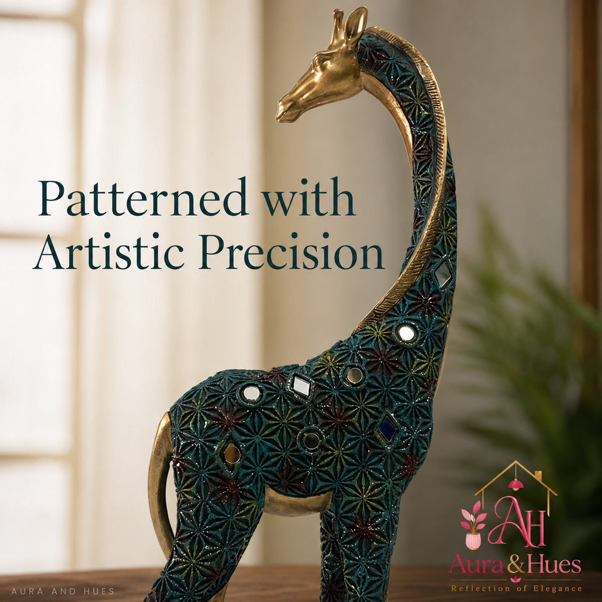 Graceful Tall Standing Giraffe Figurine - Metallic Gold & Emerald Green