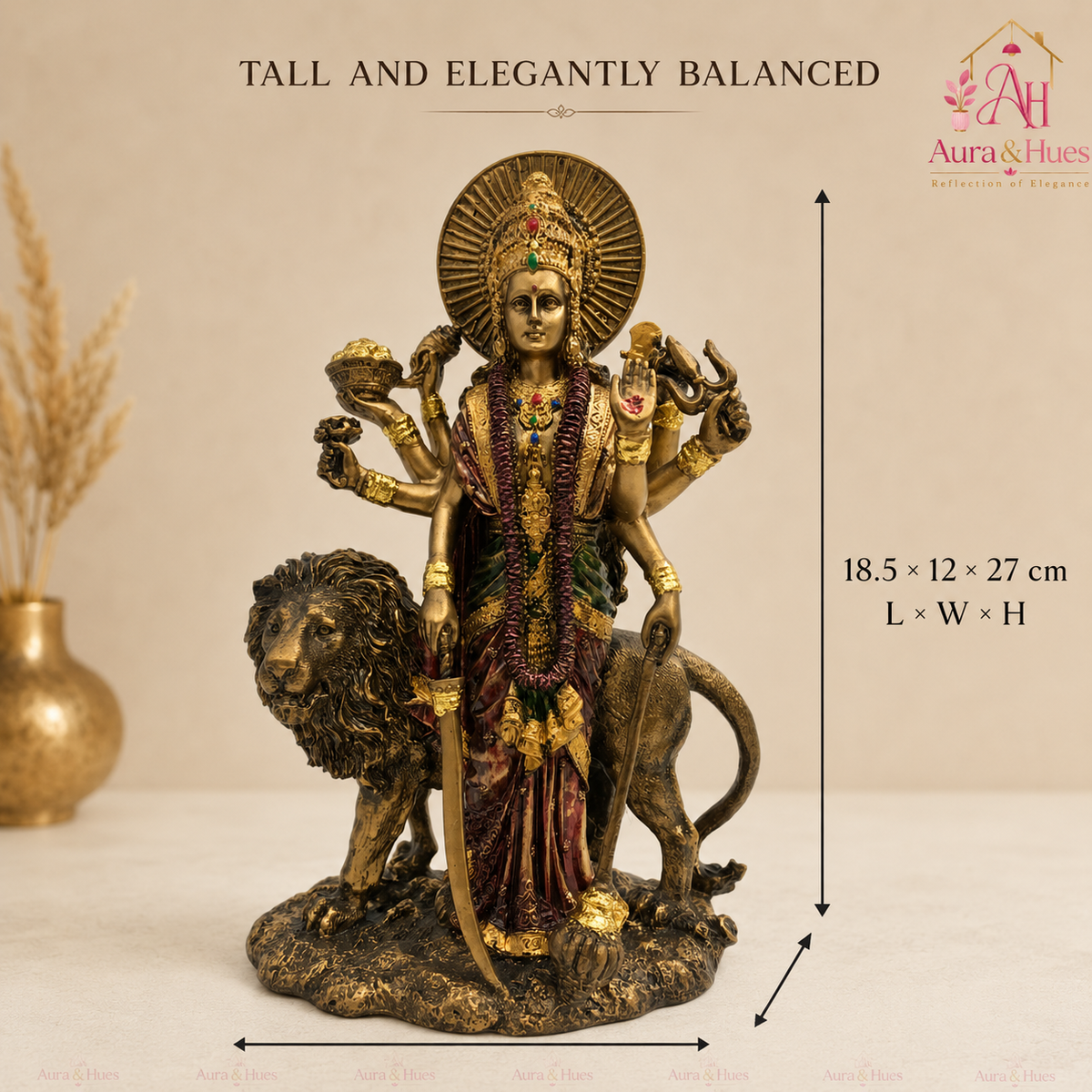 Majestic Standing Durga Mata Idol - Metallic Gold, Deep Maroon & Green