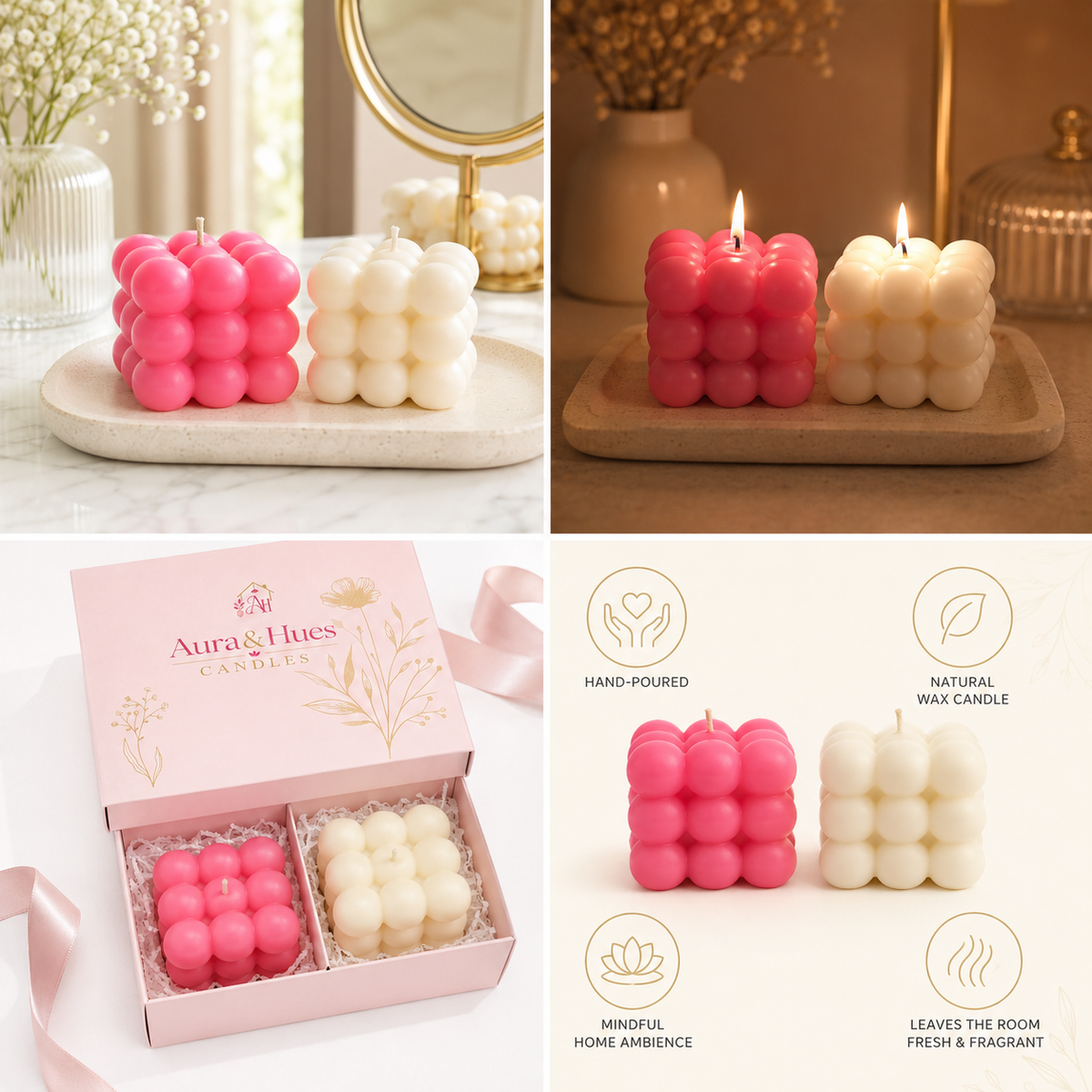 Bubble Cube Candle Set of 2, Pink & Ivory White Decorative Sculptural Candles for Home Décor, Table Centrepiece, Birthday, Housewarming & Festive Gifting