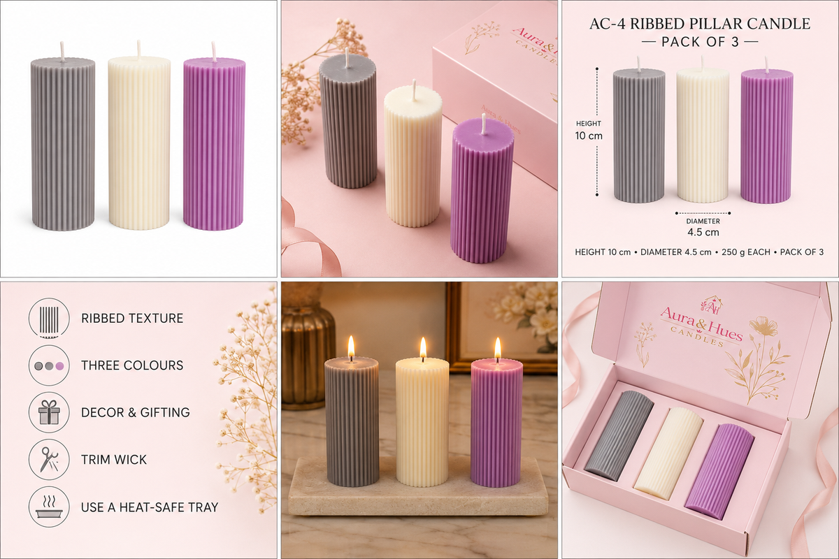 Aura & Hues Ribbed Pillar Candles, Set of 3 in Grey, Ivory & Lilac, Decorative Cylindrical Candles for Home Décor & Gifting, 10 cm Height × 4.5 cm Diameter, 250 g Each