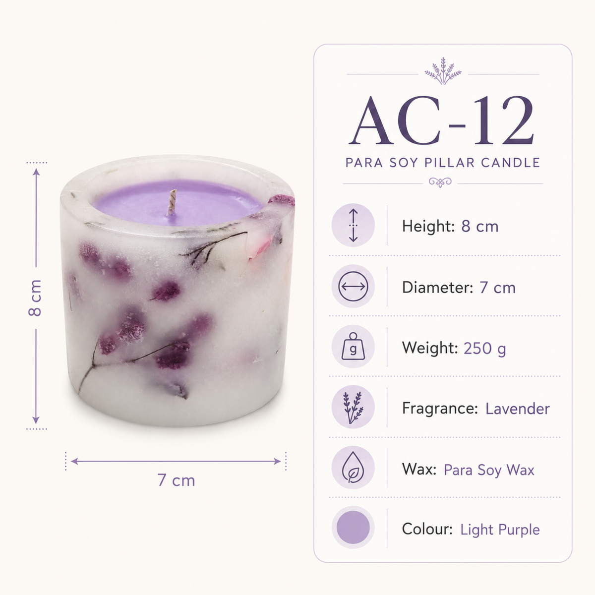 Lavender Scented Botanical Pillar Candle, Para-Soy Wax with Embedded Floral Details, Light Purple Decorative Candle for Home Décor & Gifting, 8 cm Height × 7 cm Diameter, 250 g