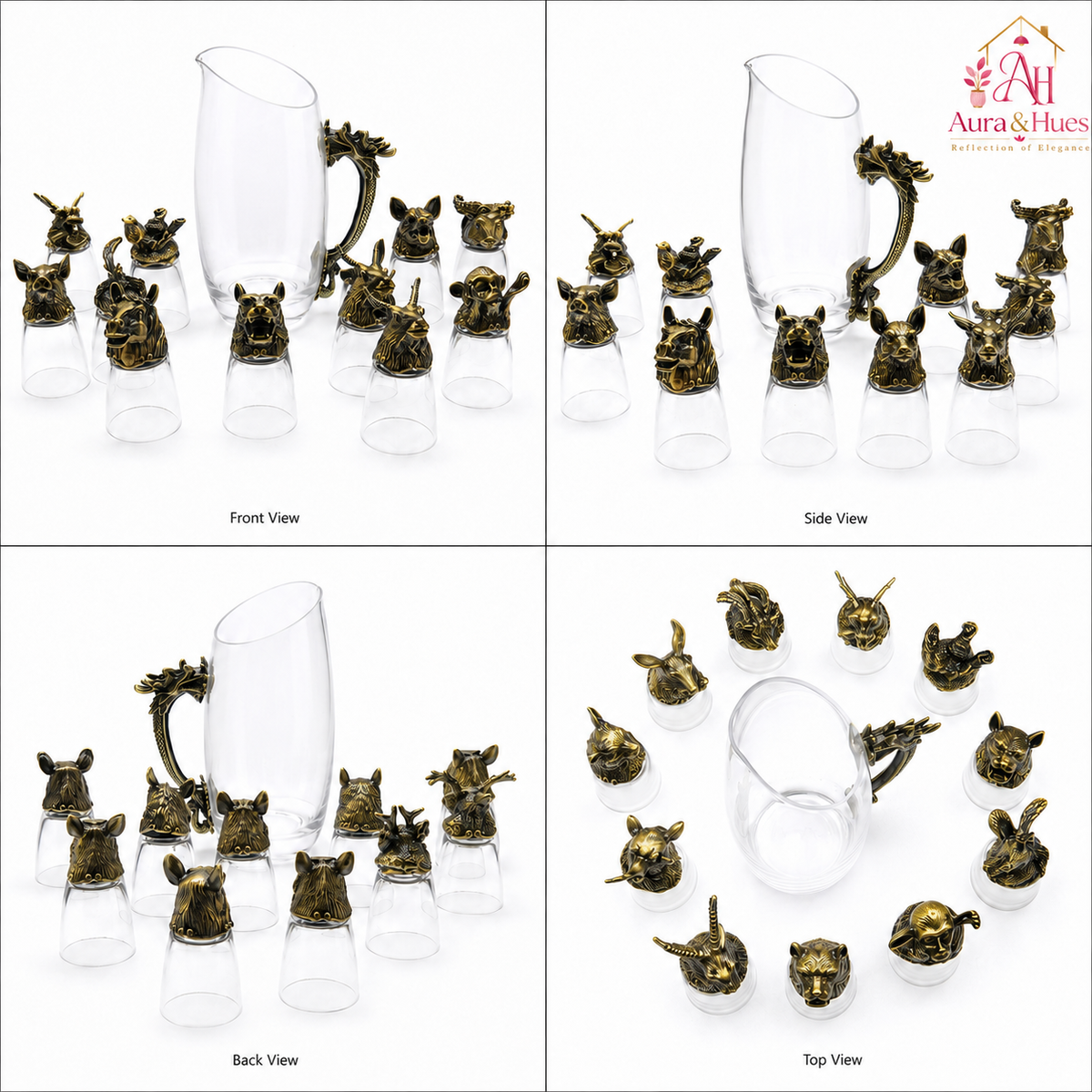 Aura & Hues Royal Antique Golden Shot Glasses Set with Serving Jar Decanter and Display Stand for Luxury Barware and Gifting
