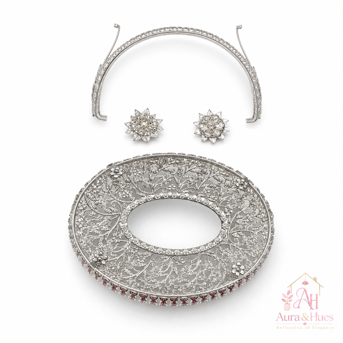 Aura & Hues Elegant Silver Oval Metal Decorative Vanity Serving Tray with Intricate Border for Home Decor & Gifting