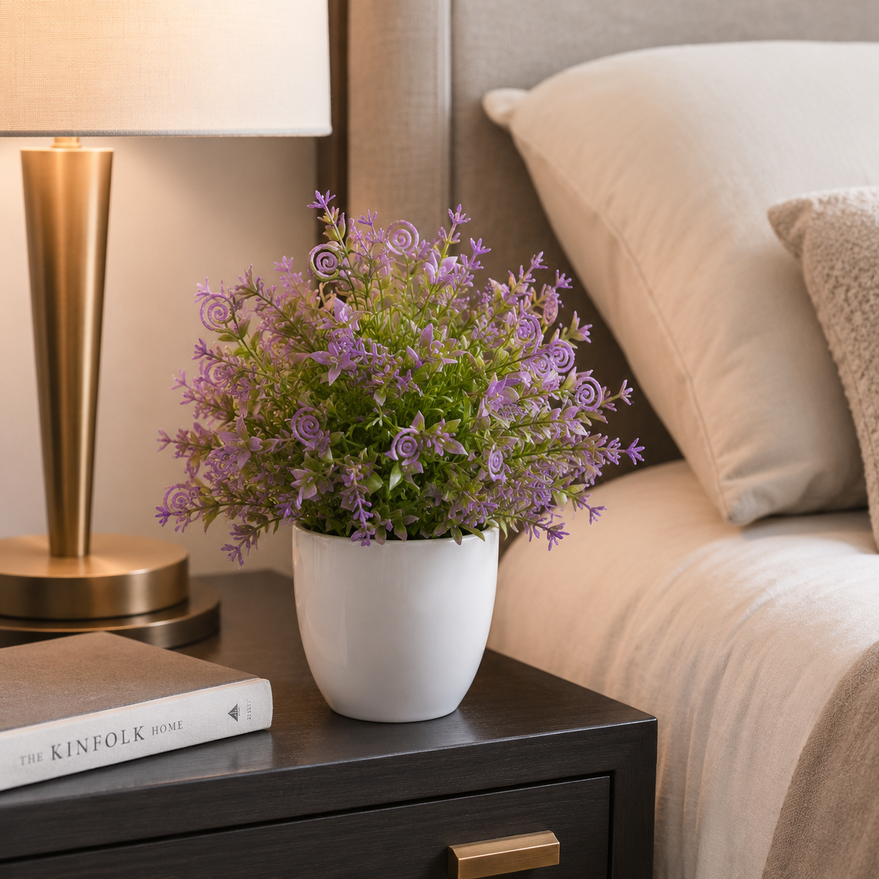 Aura & Hues Artificial Lavender Floral Pot | Decorative Tabletop Plant with White Ceramic Pot