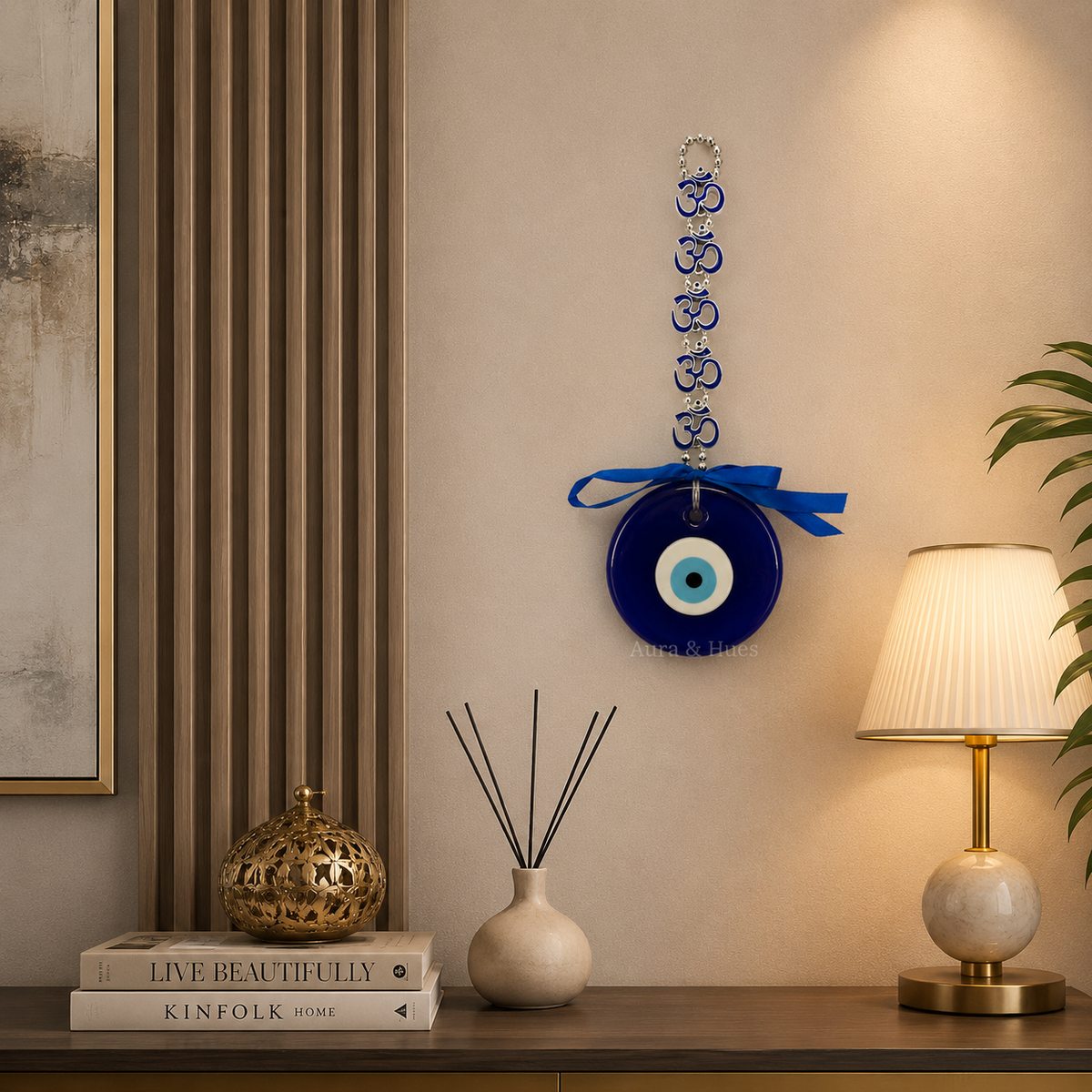 Om Evil Eye Wall Hanging | Handmade Glass Nazar Hanging with Om Charms | Vastu Home Decor