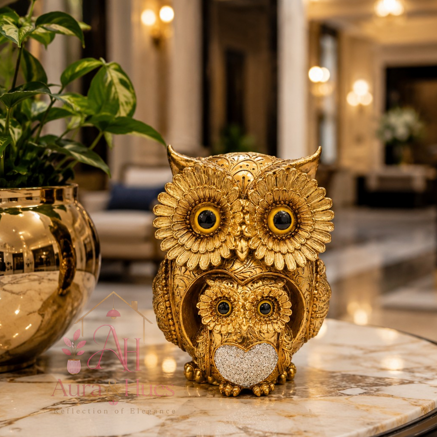 Aura & Hues Golden Mother & Baby Owl Decorative Showpiece | Premium Resin Home Décor Statue