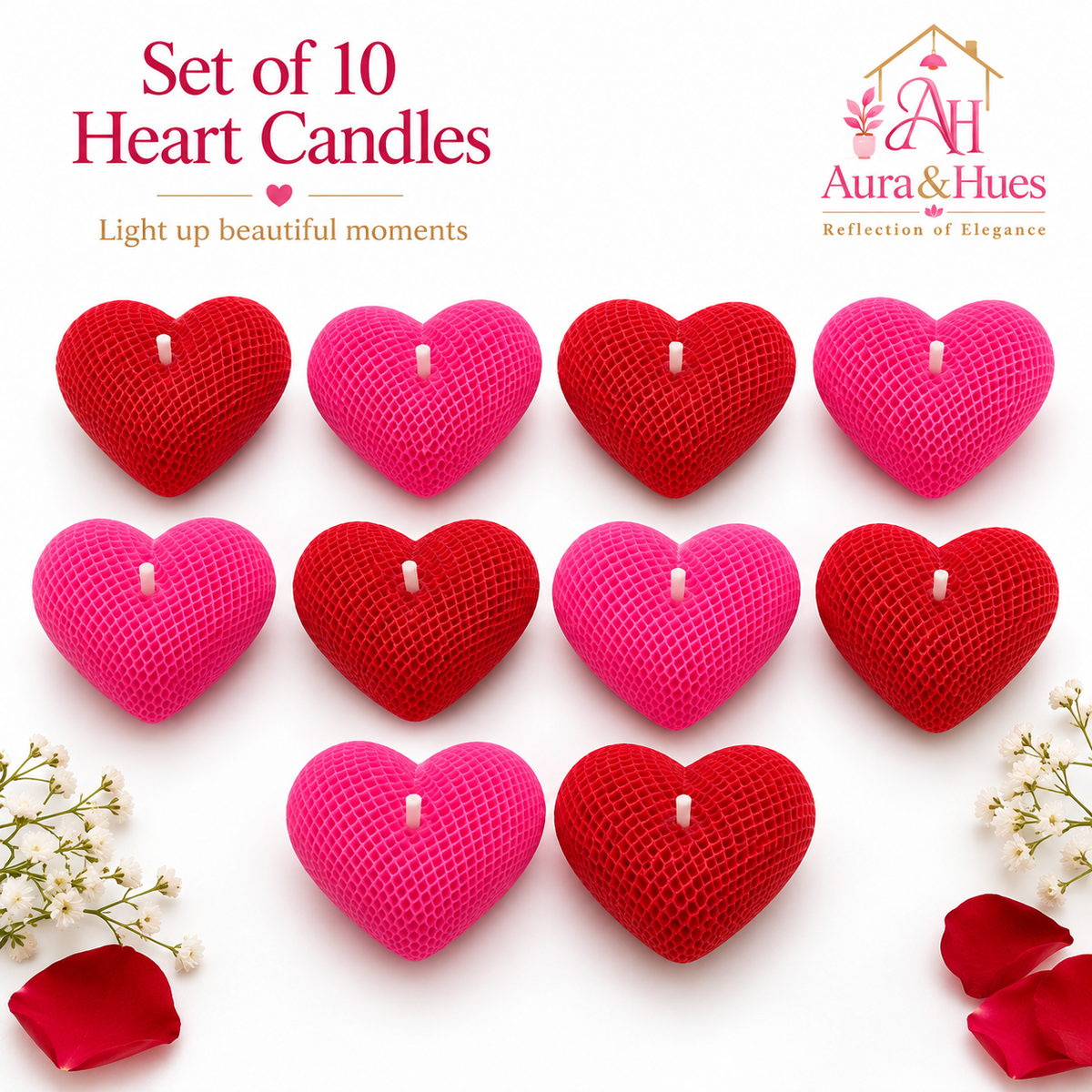 Aura & Hues Heart-Shaped Scented Candles, Pack of 6, Pink & Red, Rose & Sandalwood Fragrance, Hand-Poured Wax with Cotton Wicks for Romantic Décor & Gifting, 4 × 4 × 1.5 cm Each