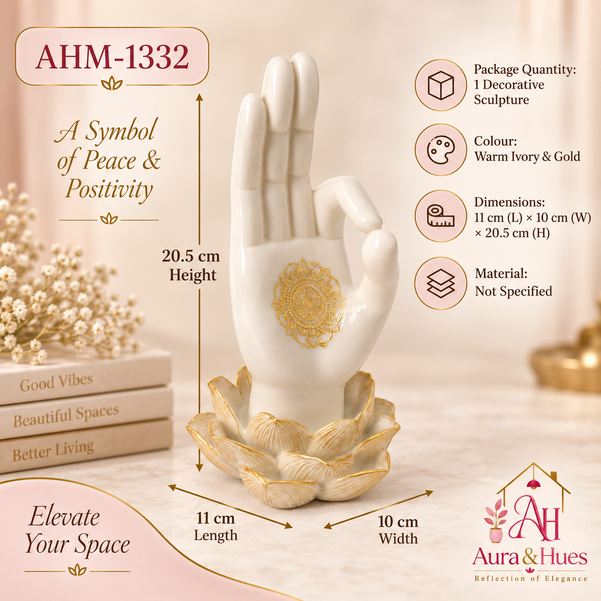 Sacred Lotus Palm Mudra Accent - Pearlescent White & Gold