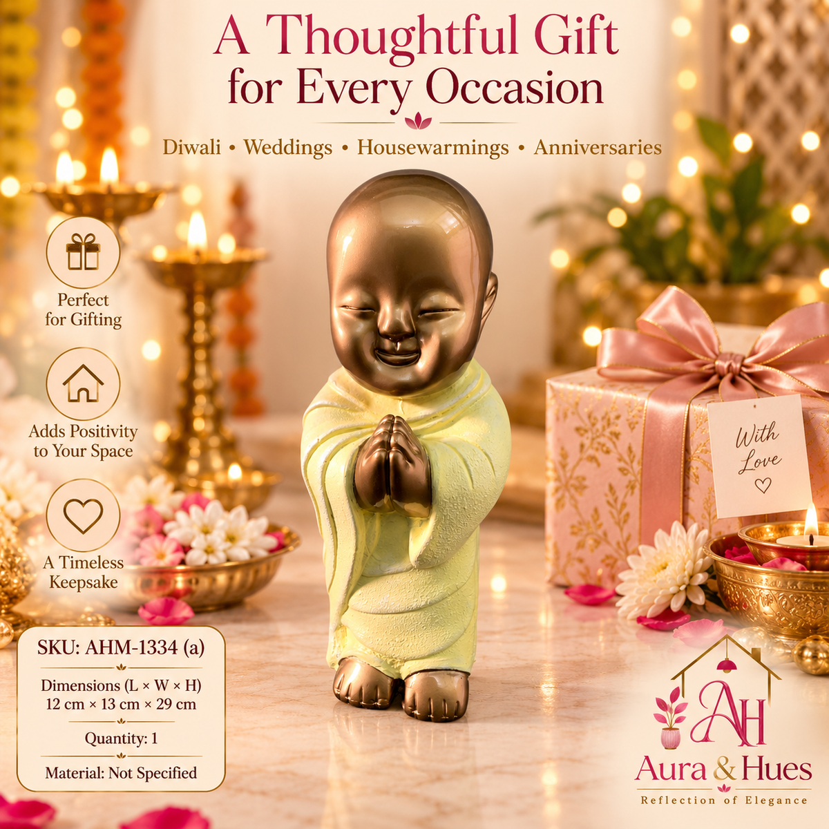 Peaceful Meditating Monk Figurine (Large) - Metallic Gold & Cream