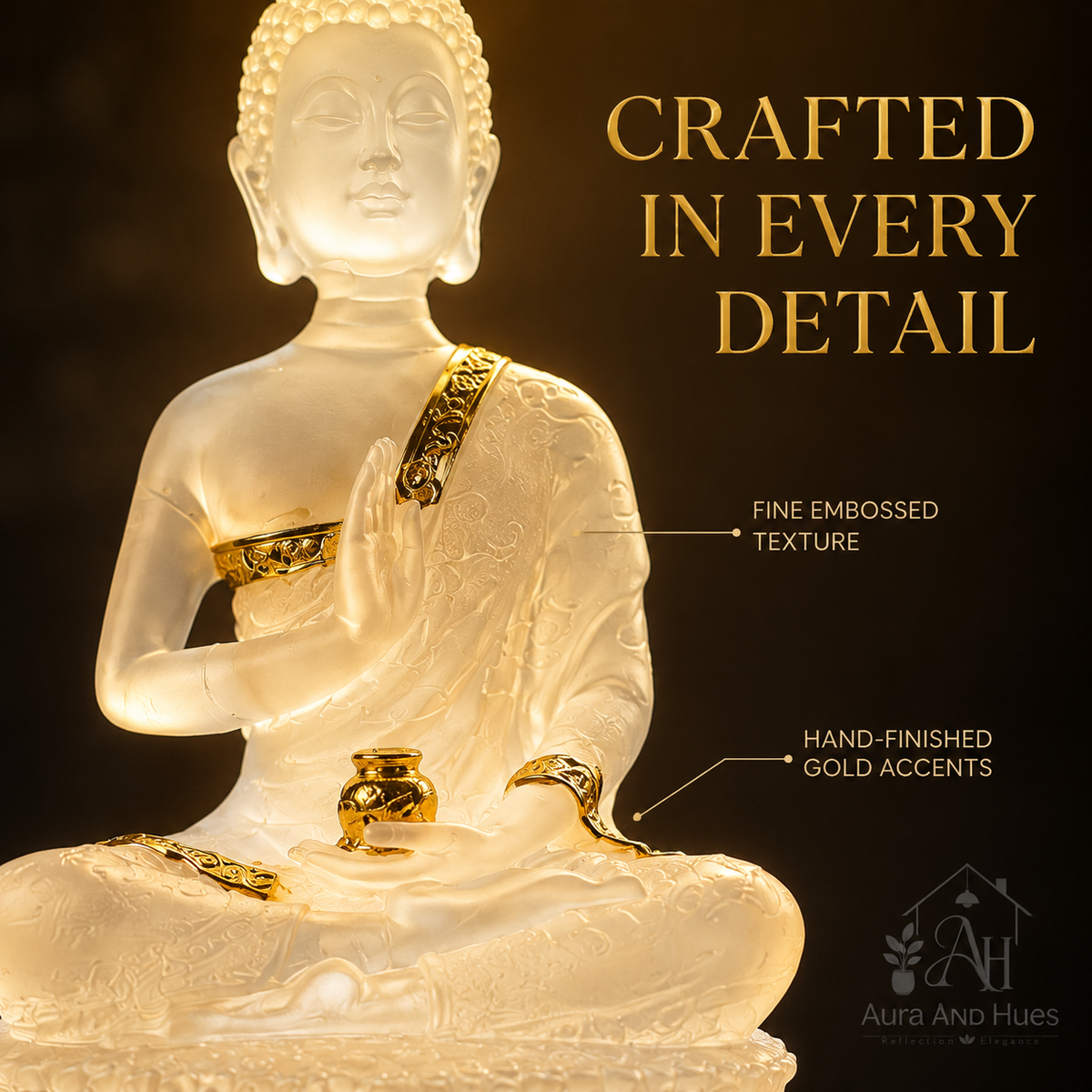 Buddha statue close-up - fine embossed texture and hand-finished gold accents