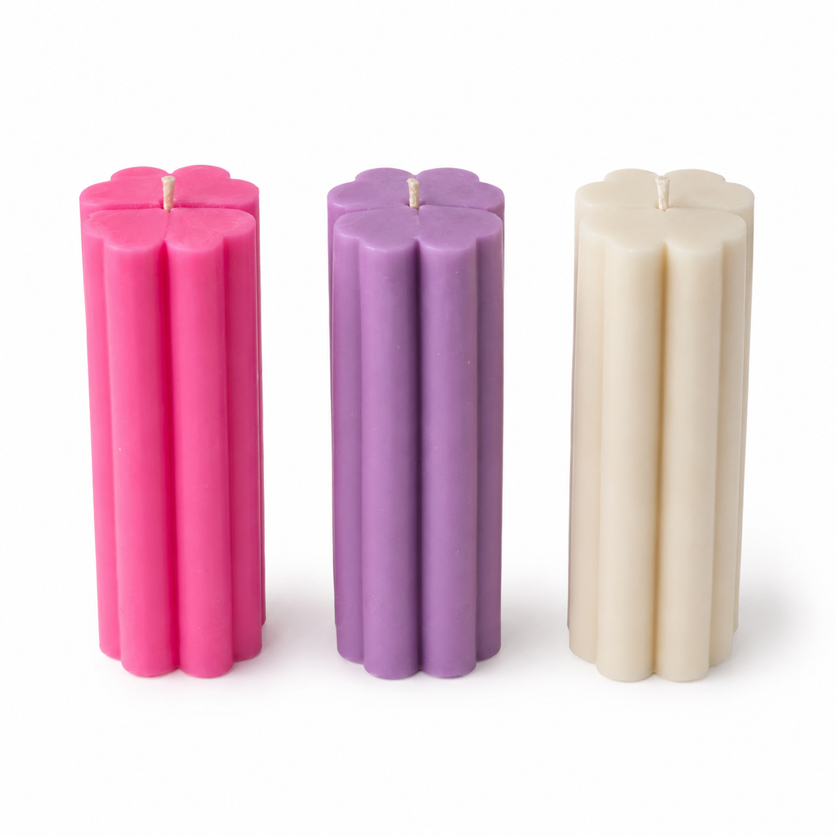 Heart Pillar Scented Candles, Set of 3 in Pink, Lavender & Cream, Sculpted Heart-Ribbed Design with Floral Fragrance for Home Décor, Anniversary & Festive Gifting