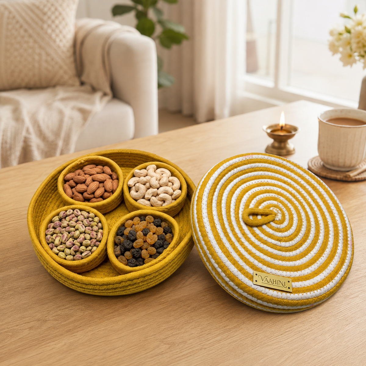 VAAHNI Dry Fruit Basket in Mustard and White with 4 inner bowls and matching lid