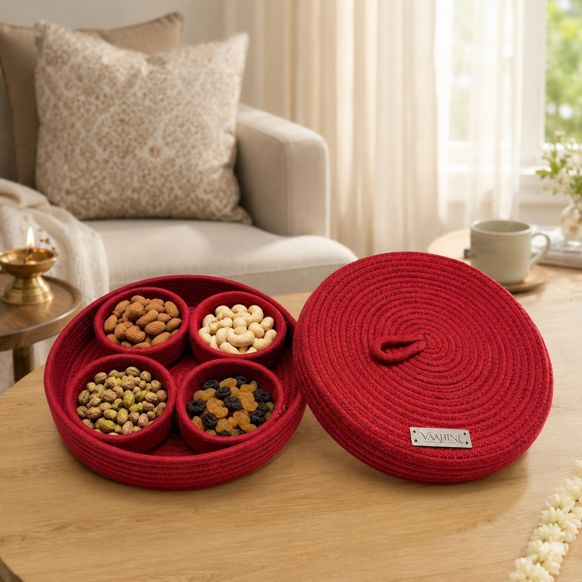 VAAHINI Red Handmade Cotton Rope Dry Fruit Basket with Lid and 4 compartments