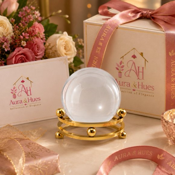 Crystal Clarity Ball with Golden Stand, Premium Crystal Glass Sphere Decorative Showpiece