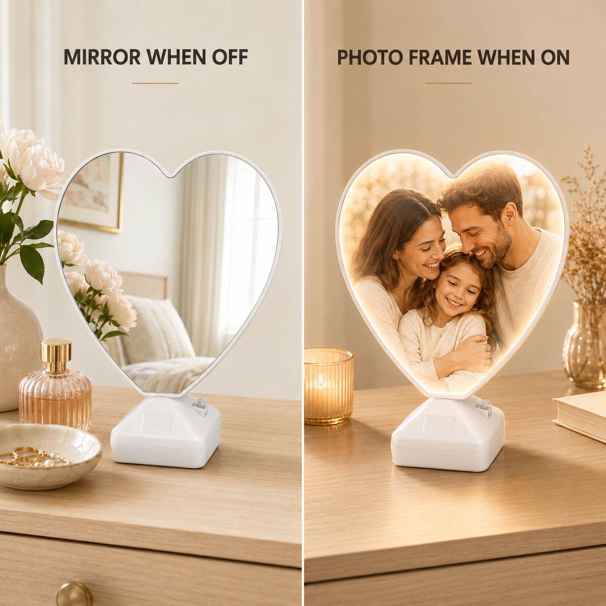 Heart Magic Mirror shown as mirror when off and glowing photo frame when on