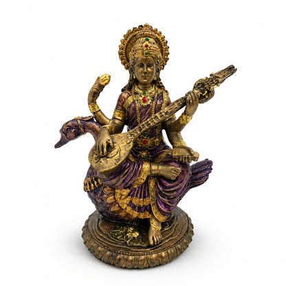 Divine Goddess Saraswati Idol with Veena - Antique Bronze, Gold & Violet