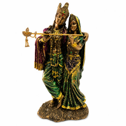 Ornate Divine Radha Krishna Statue - Antique Gold, Emerald Green & Maroon
