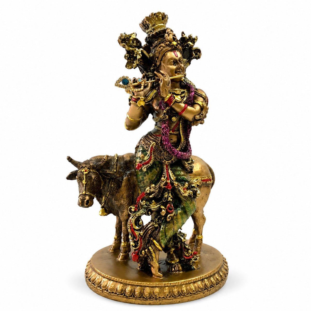Sacred Lord Krishna with Sacred Kamadhenu Cow Idol - Antique Bronze & Multi-Tone