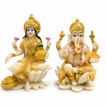Auspicious Lakshmi Ji & Ganesha Ji Statues Set - Pristine White & Gold