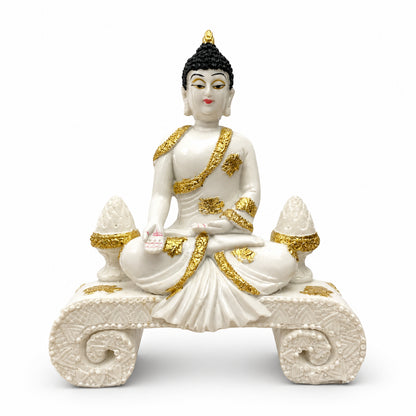 Serene Seated Buddha with Mudra - Pearl White & Gold